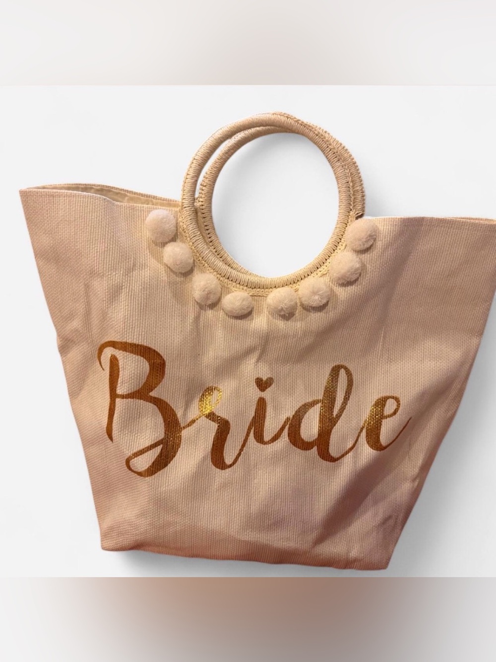 Shiraleah Cream Canvas Tote with Gold Bride Script and Pom Trim